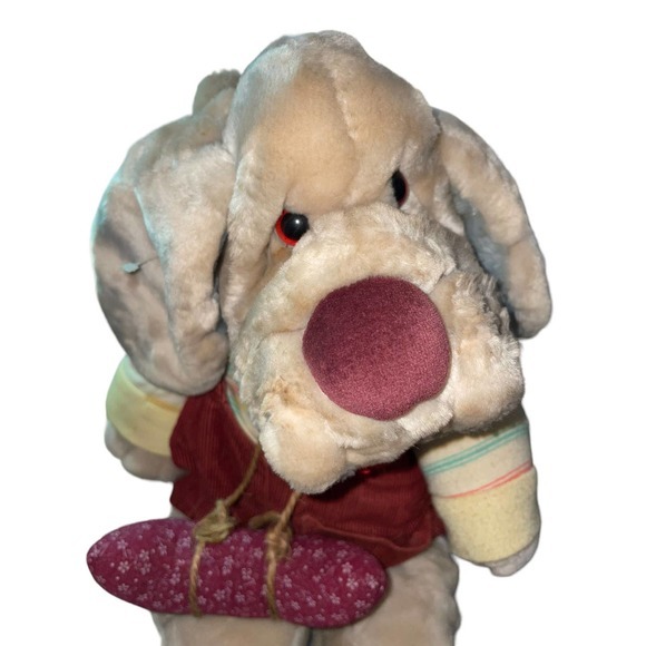 Ganz Bros Wrinkles the Dog Hand Puppet Plush Overalls‎ Puppy 17” w/ Bone VTG 80s - Picture 3 of 13